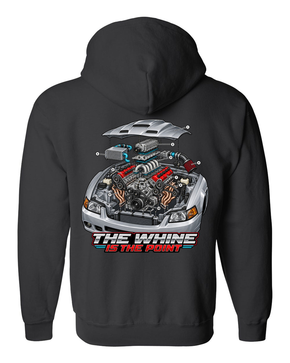 Exploded engine cutaway print of a supercharged Ford Mustang SN95 Terminator-spec black zip hoodie back view with the design