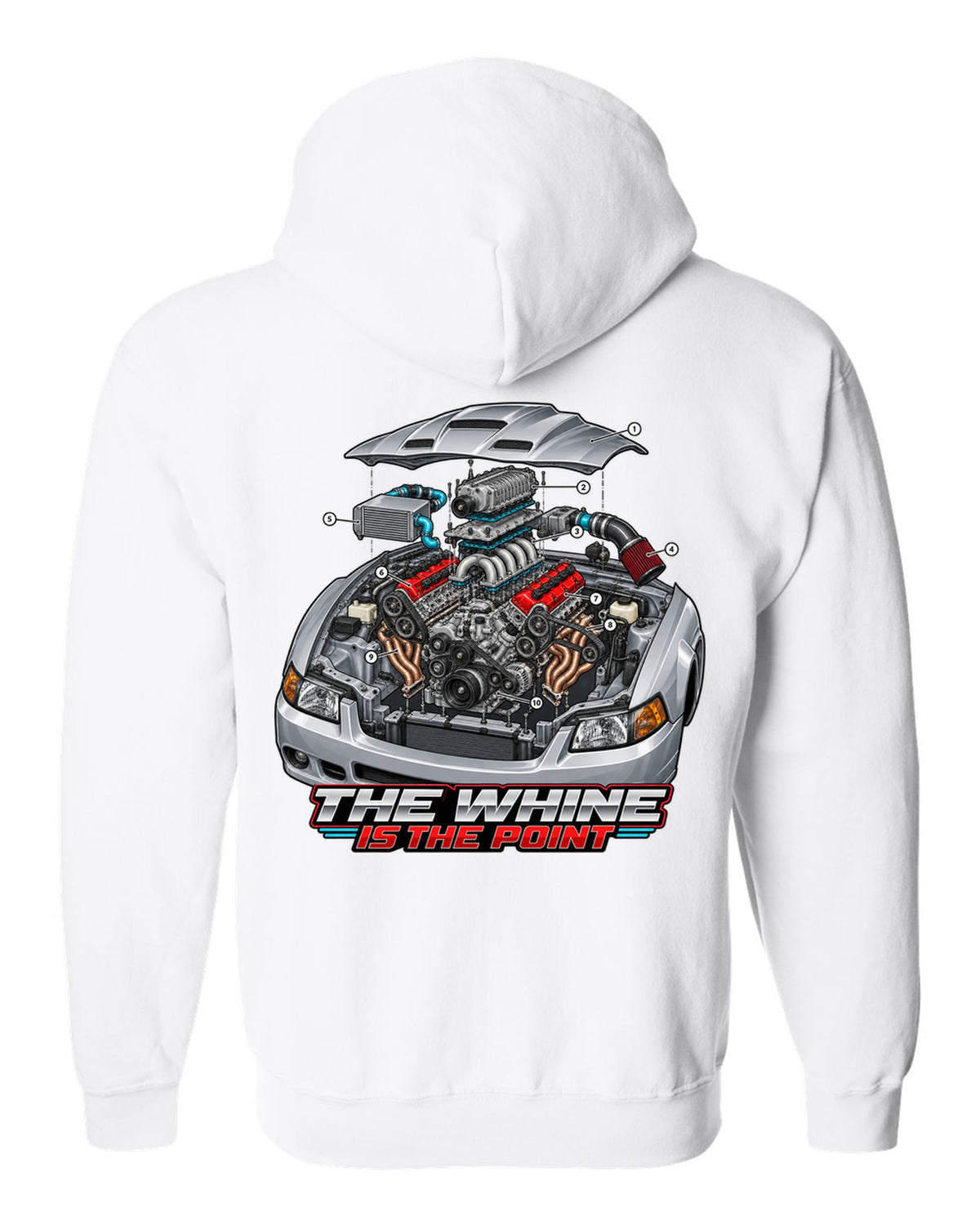 Exploded engine cutaway print of a supercharged Ford Mustang SN95 Terminator-spec white zip hoodie back view with the design