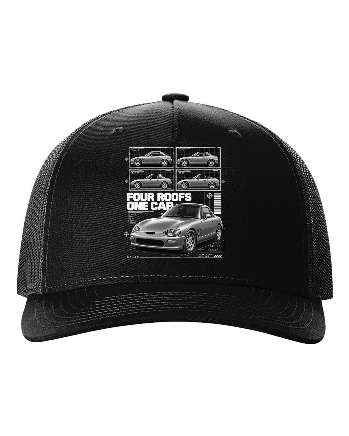 Dossier panel print of a Suzuki Cappuccino EA11R kei roadster black hat front view with the design