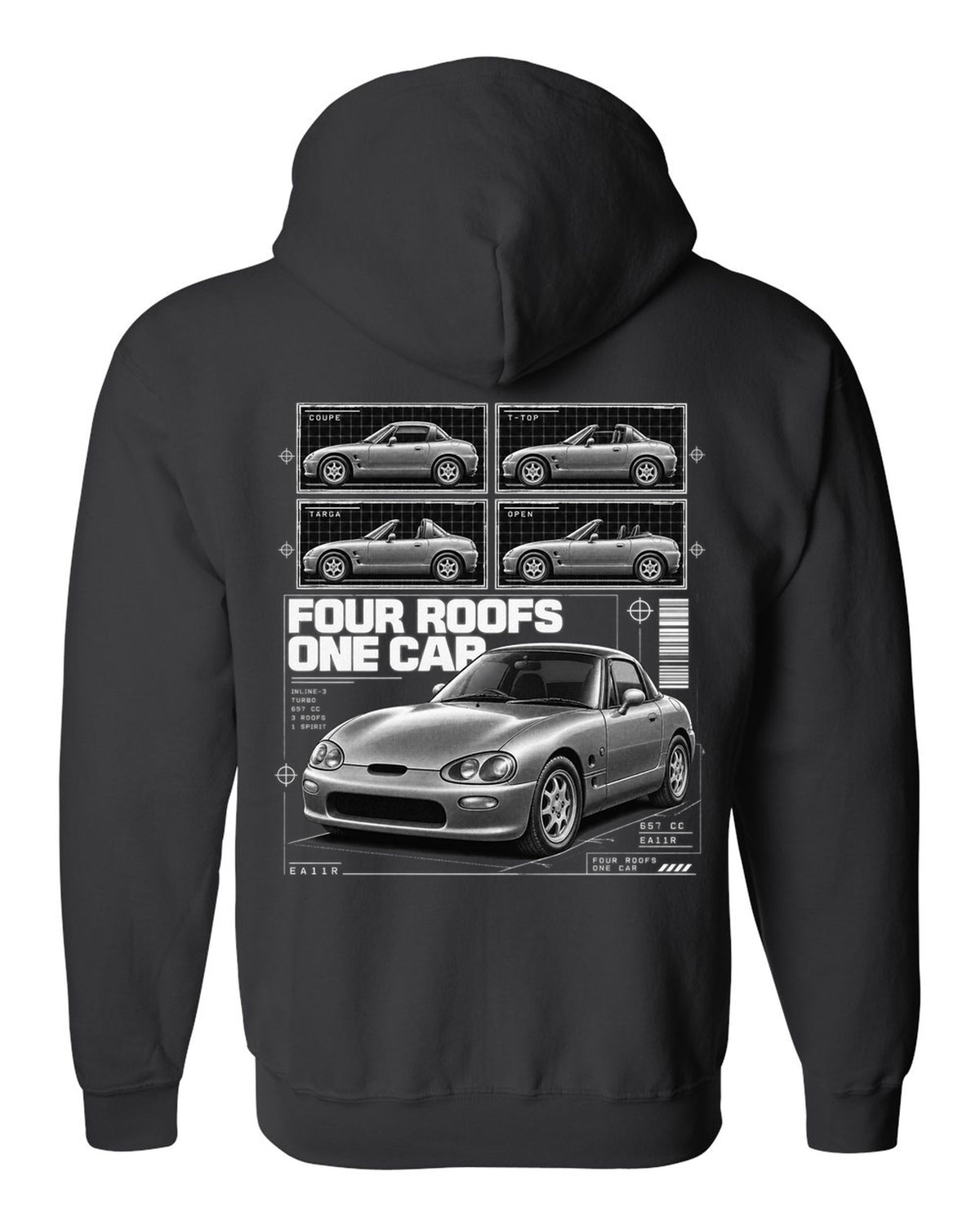 Dossier panel print of a Suzuki Cappuccino EA11R kei roadster black zip hoodie back view with the design
