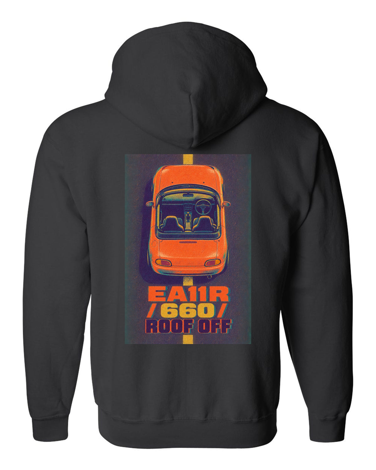 Risograph-style Suzuki Cappuccino EA11R with the text 660 and roof off black zip hoodie back view with the design