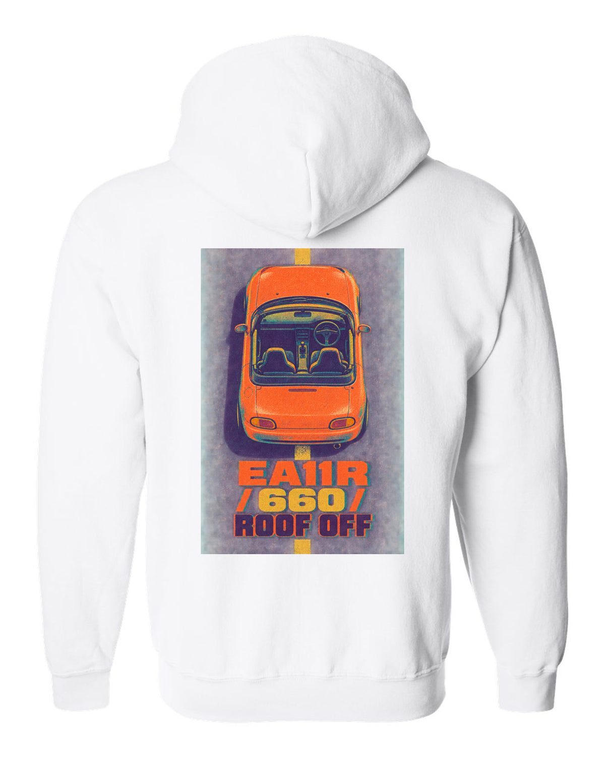 Risograph-style Suzuki Cappuccino EA11R with the text 660 and roof off white zip hoodie back view with the design