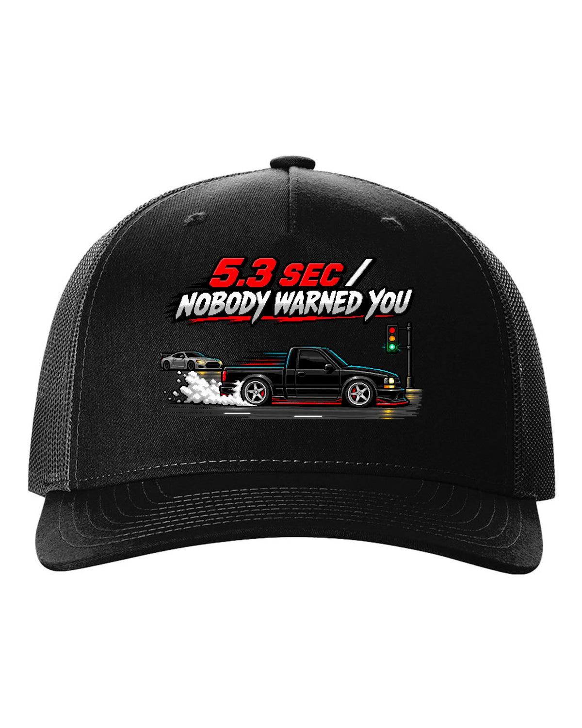 16-bit pixel art of a 1991 GMC Syclone launching with 5.3 SEC / NOBODY WARNED YOU text black hat front view with the design