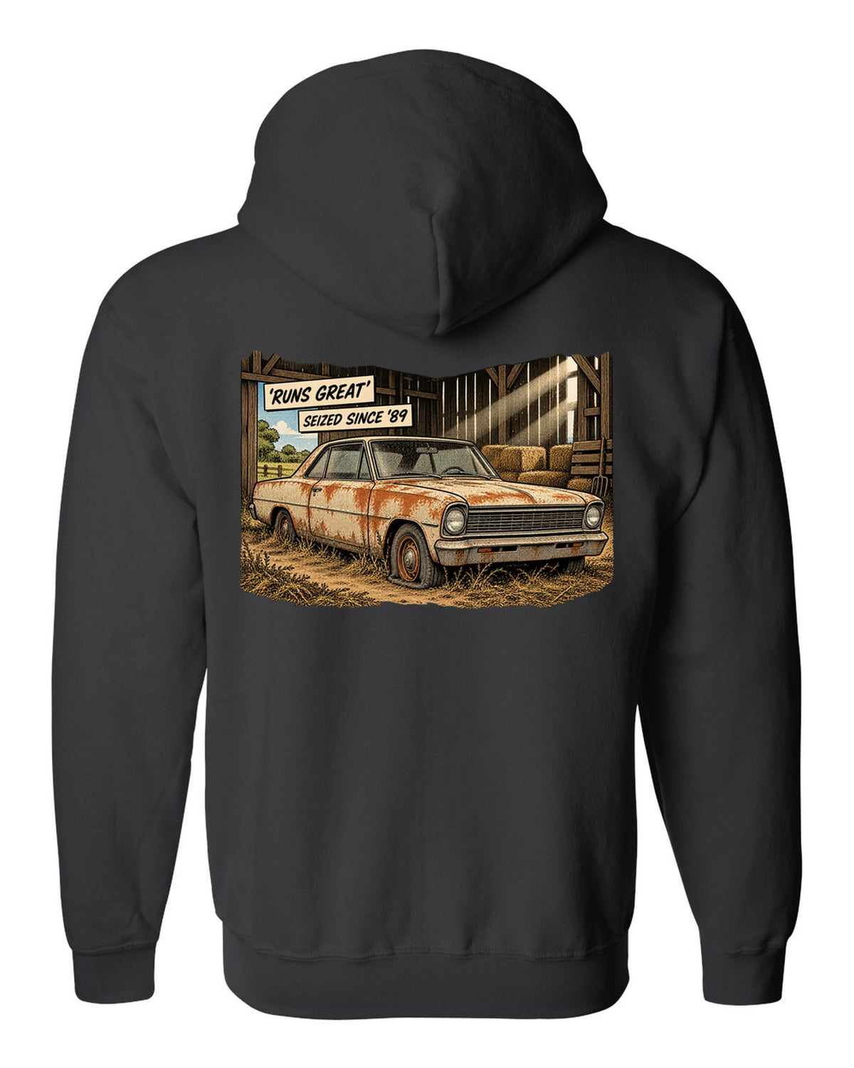 Synthwave print of a 1971 Chevelle SS 454 taillights with the text Runs Great, Seized Since '89 black zip hoodie back view with the design