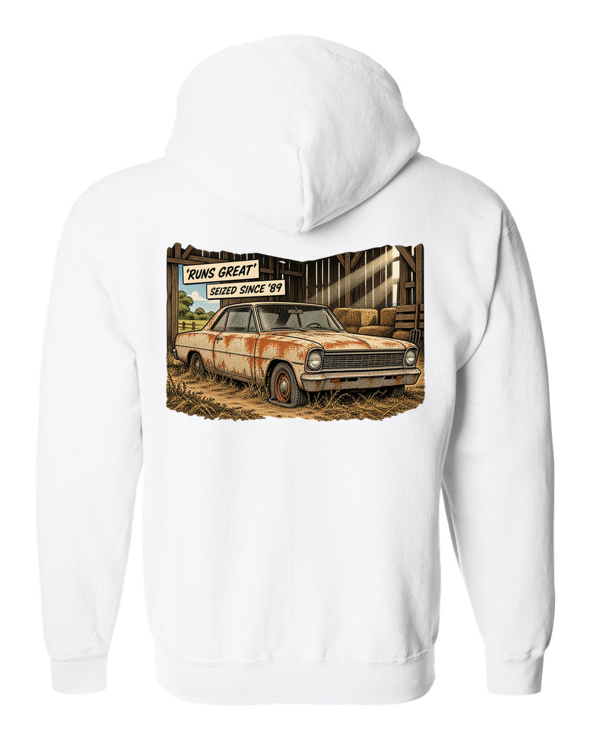 Synthwave print of a 1971 Chevelle SS 454 taillights with the text Runs Great, Seized Since '89 white zip hoodie back view with the design