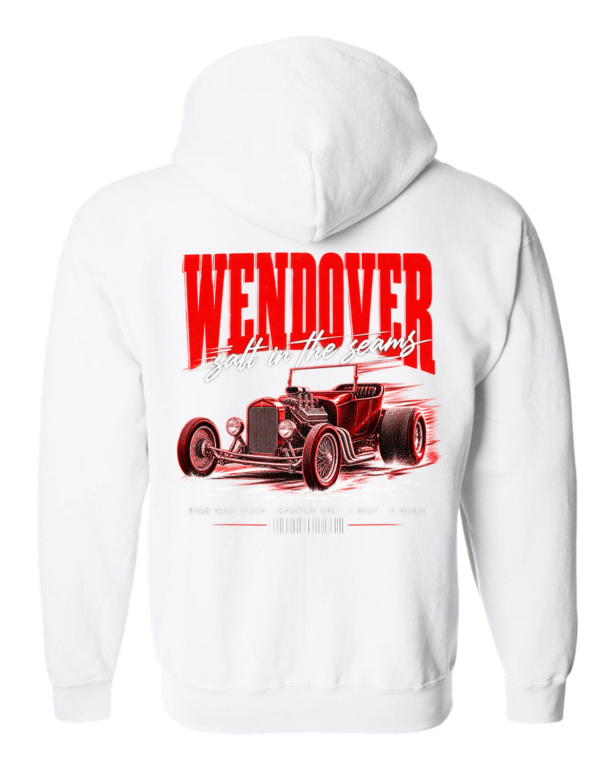 Street poster print of a T-bucket hot rod for Wendover and the Utah Salt Flats white zip hoodie back view with the design