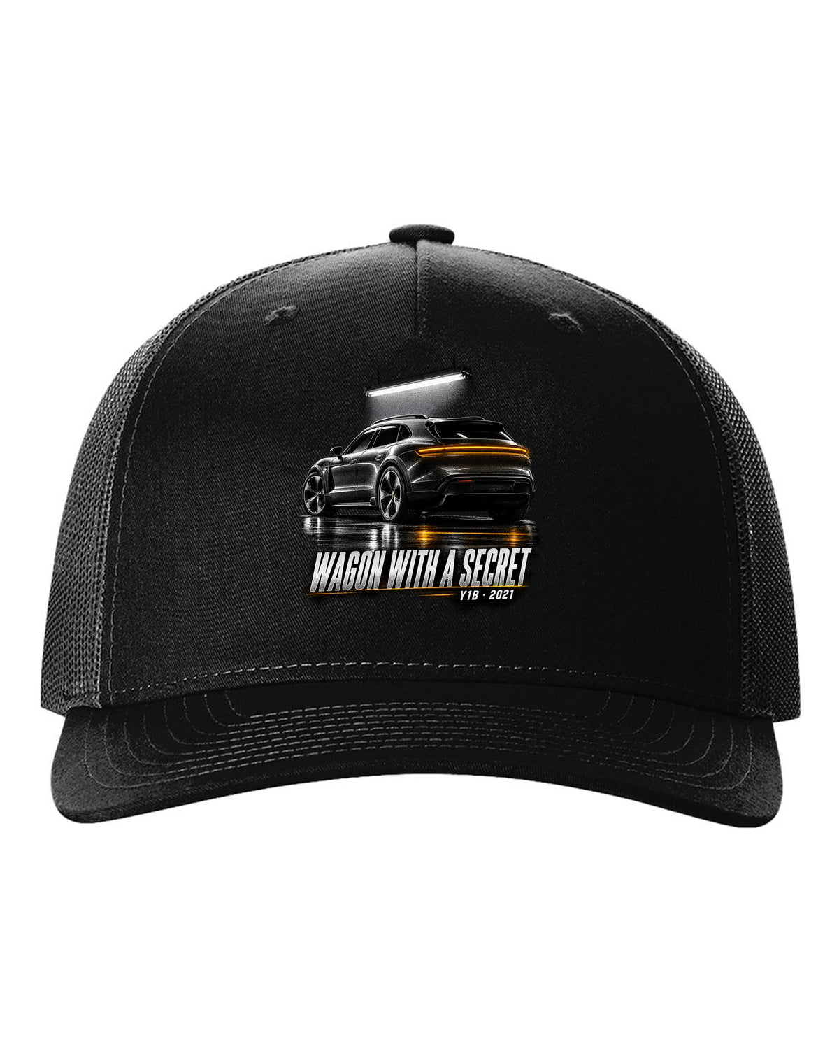 Porsche Taycan Cross Turismo Y1B in a dark garage, print design black hat front view with the design
