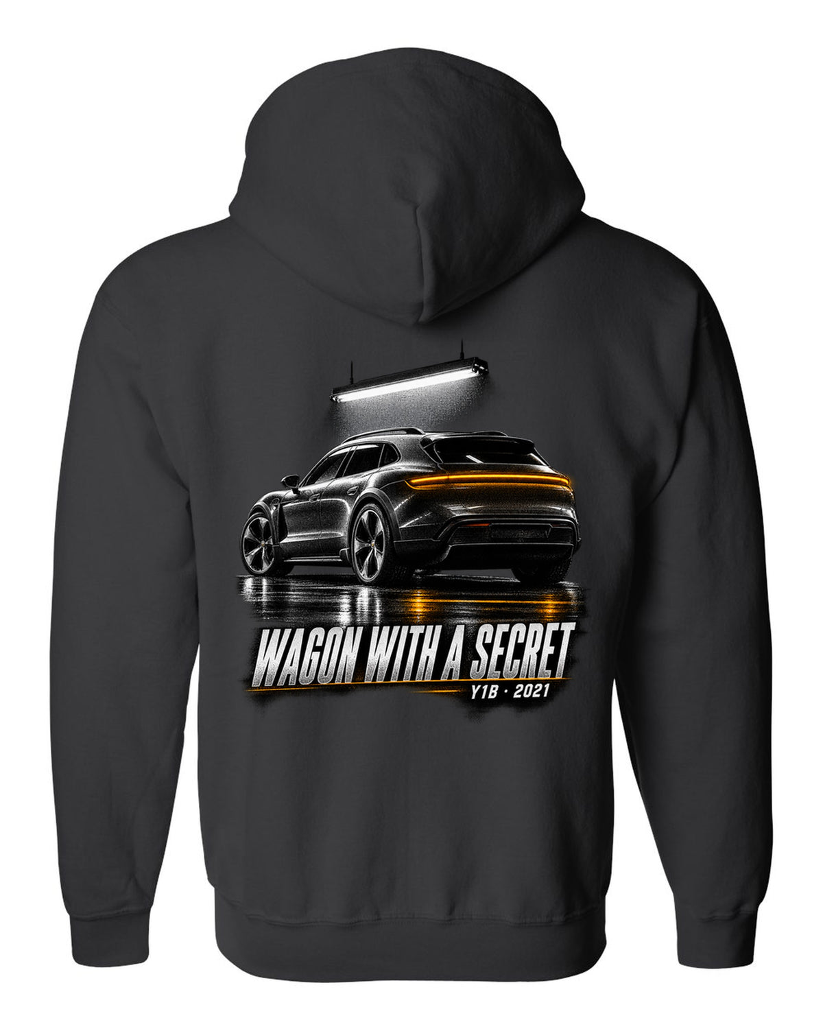 Porsche Taycan Cross Turismo Y1B in a dark garage, print design black zip hoodie back view with the design