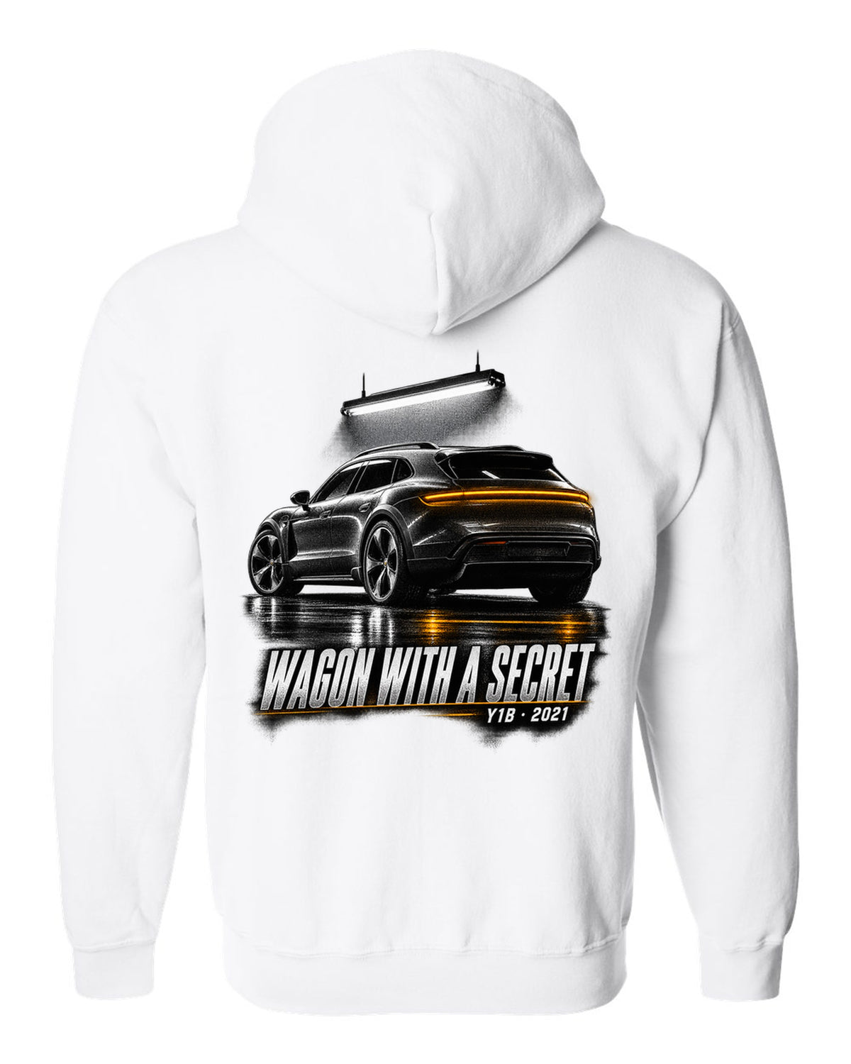 Porsche Taycan Cross Turismo Y1B in a dark garage, print design white zip hoodie back view with the design