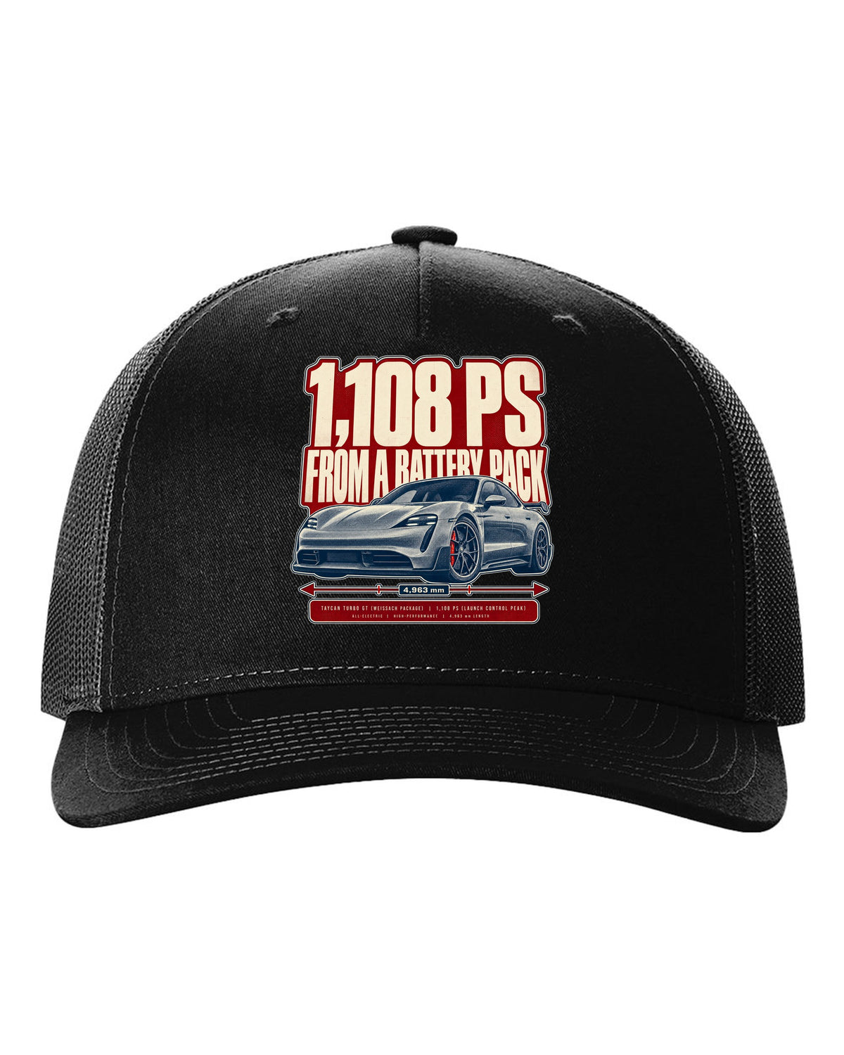 Halftone print of a low front three-quarter Porsche Taycan Turbo GT with 1,108 PS text black hat front view with the design