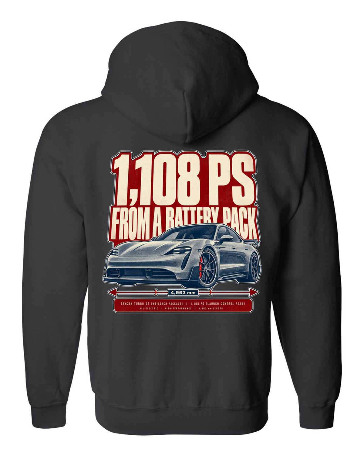 Halftone print of a low front three-quarter Porsche Taycan Turbo GT with 1,108 PS text black zip hoodie back view with the design