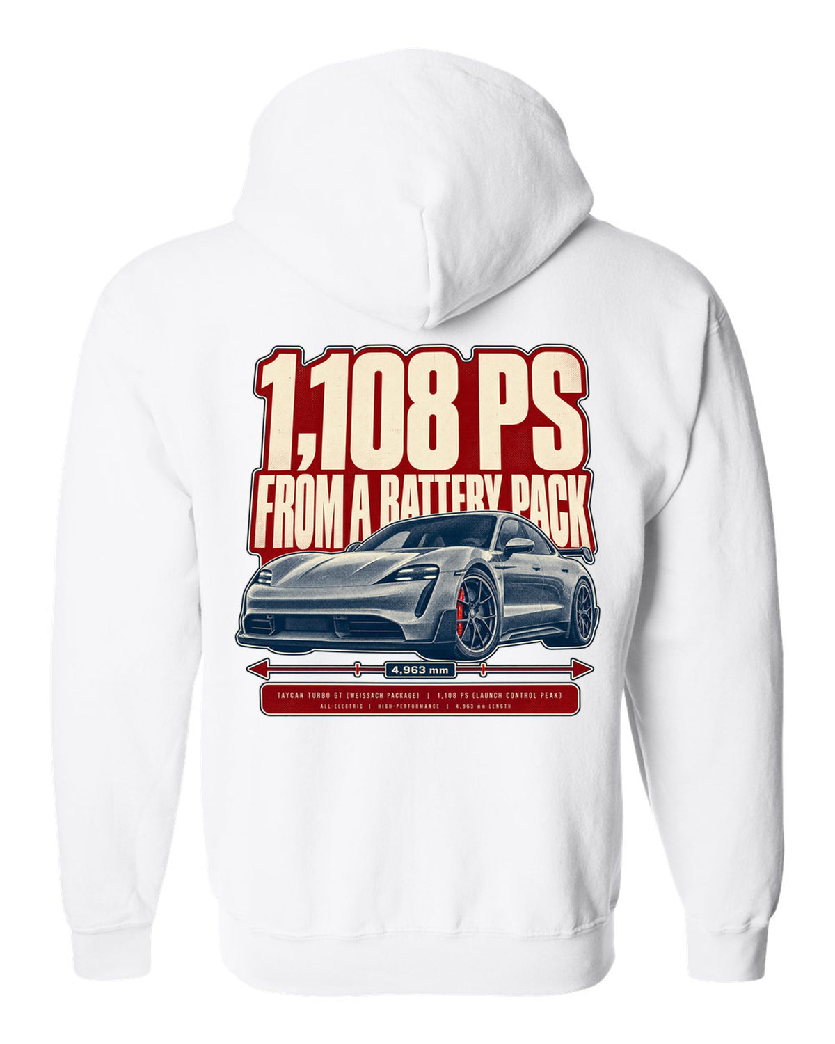 Halftone print of a low front three-quarter Porsche Taycan Turbo GT with 1,108 PS text white zip hoodie back view with the design