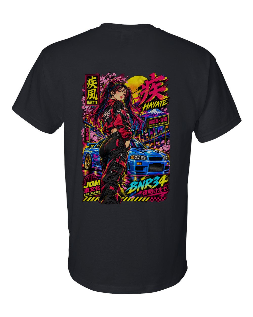 HAYATE BNR34 full-back artwork black t-shirt back view with the design