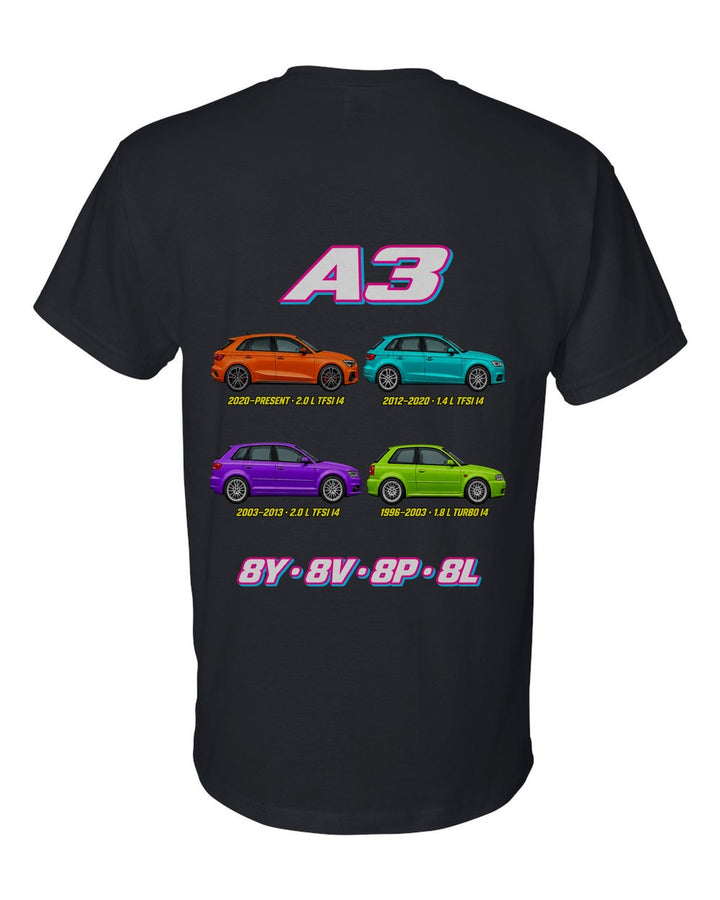 Audi A3 evolution poster black t-shirt back view with the design