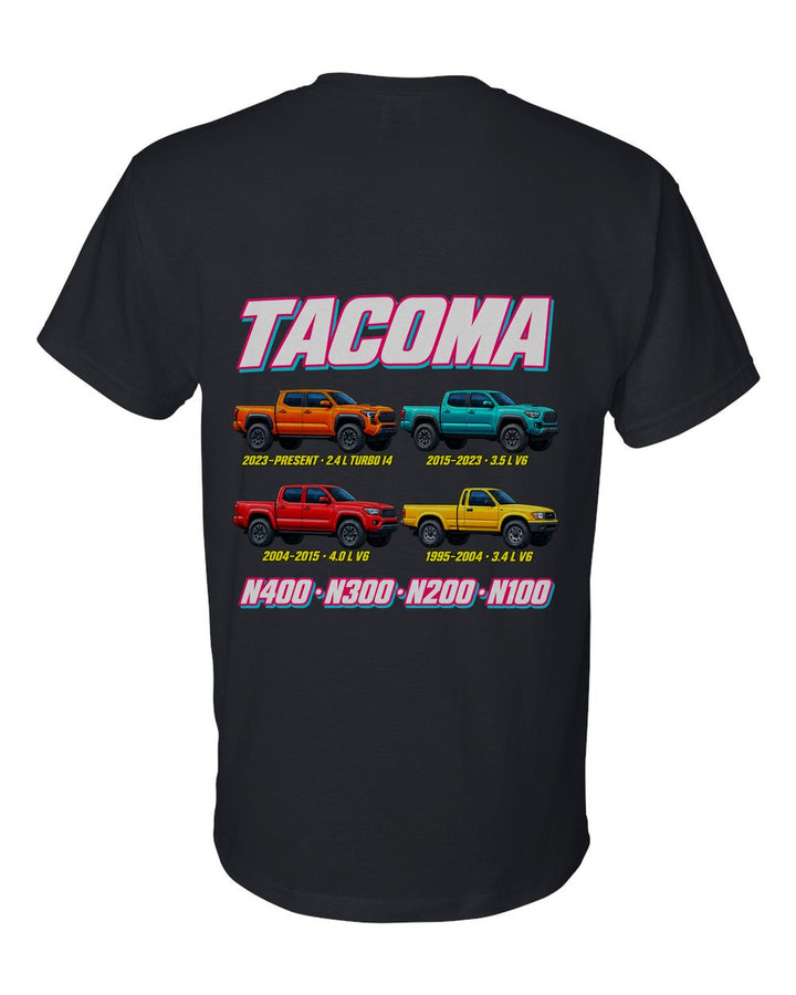 Toyota Tacoma evolution poster black t-shirt back view with the design
