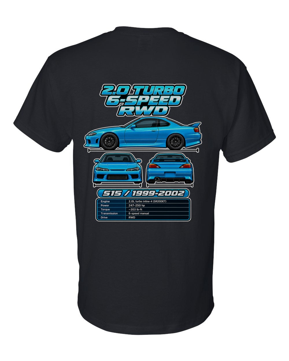 Nissan Silvia S15 spec sheet black t-shirt back view with the design