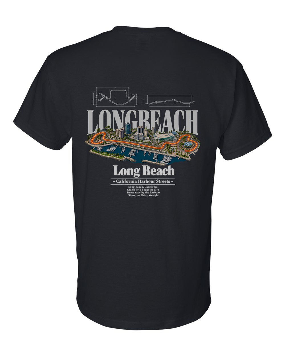 Long Beach black t-shirt back view with the design