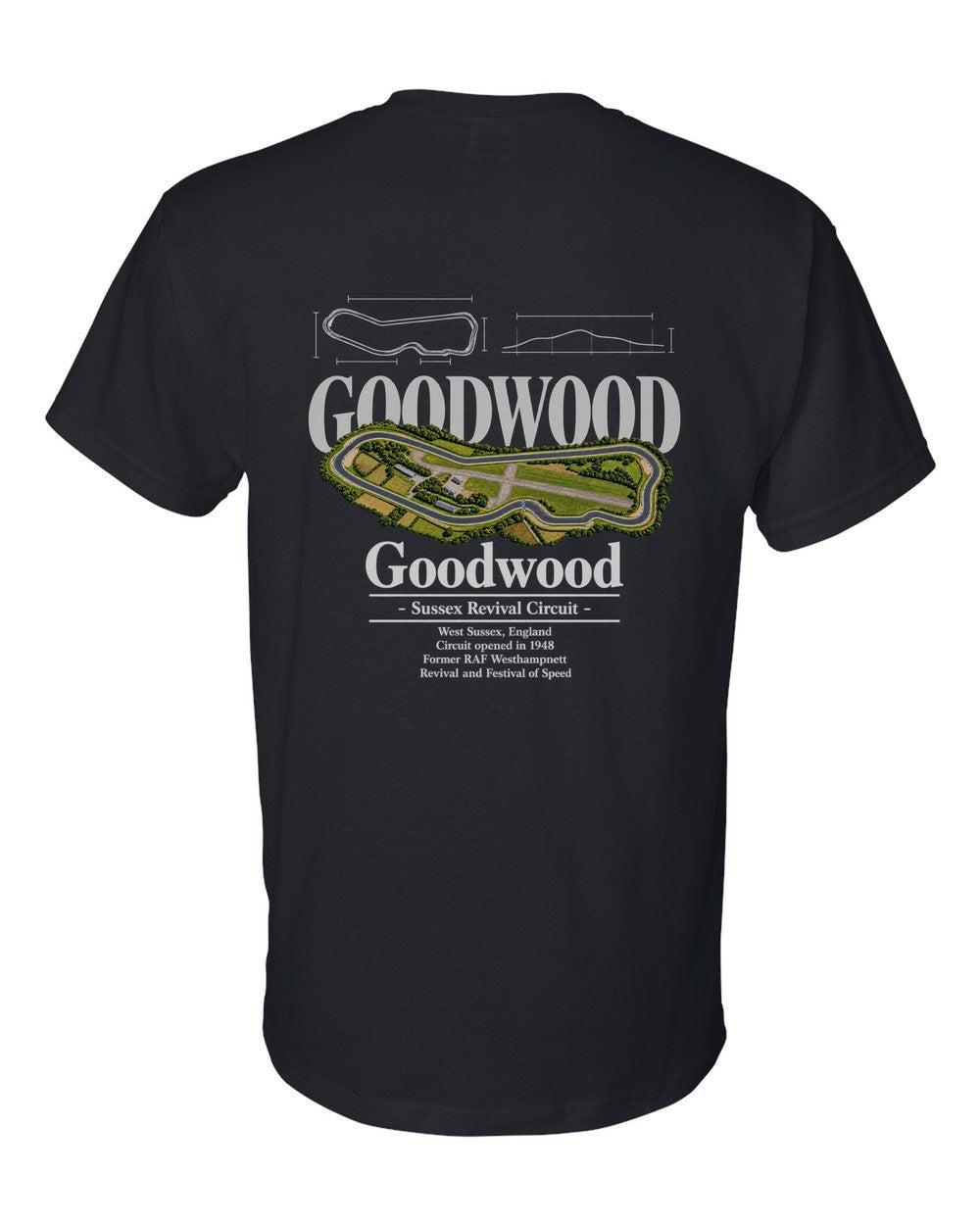 Goodwood black t-shirt back view with the design