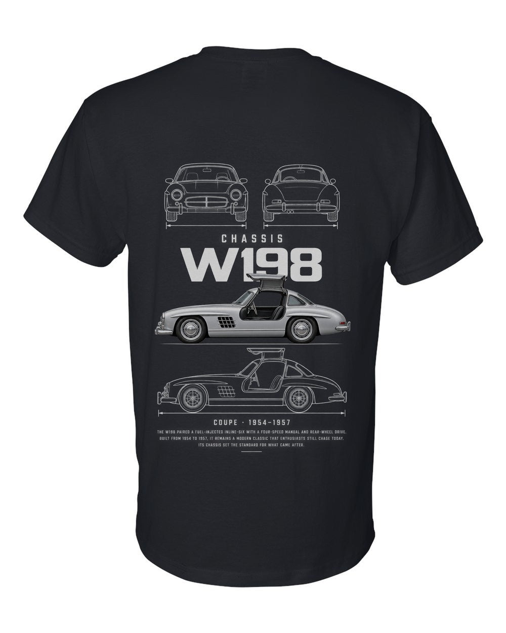 W198 full-back artwork black t-shirt back view with the design