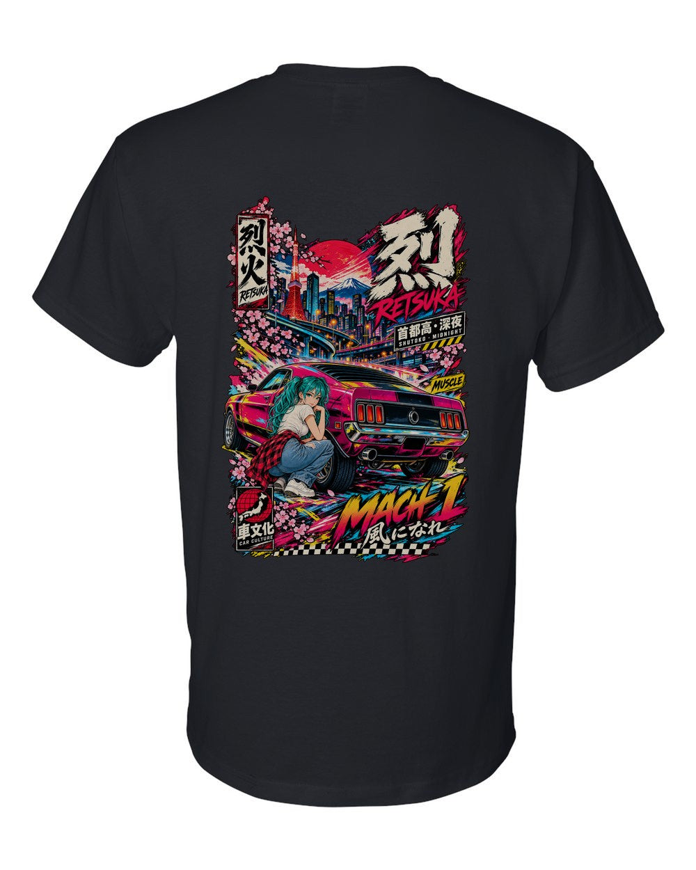 RETSUKA MACH 1 full-back artwork black t-shirt back view with the design
