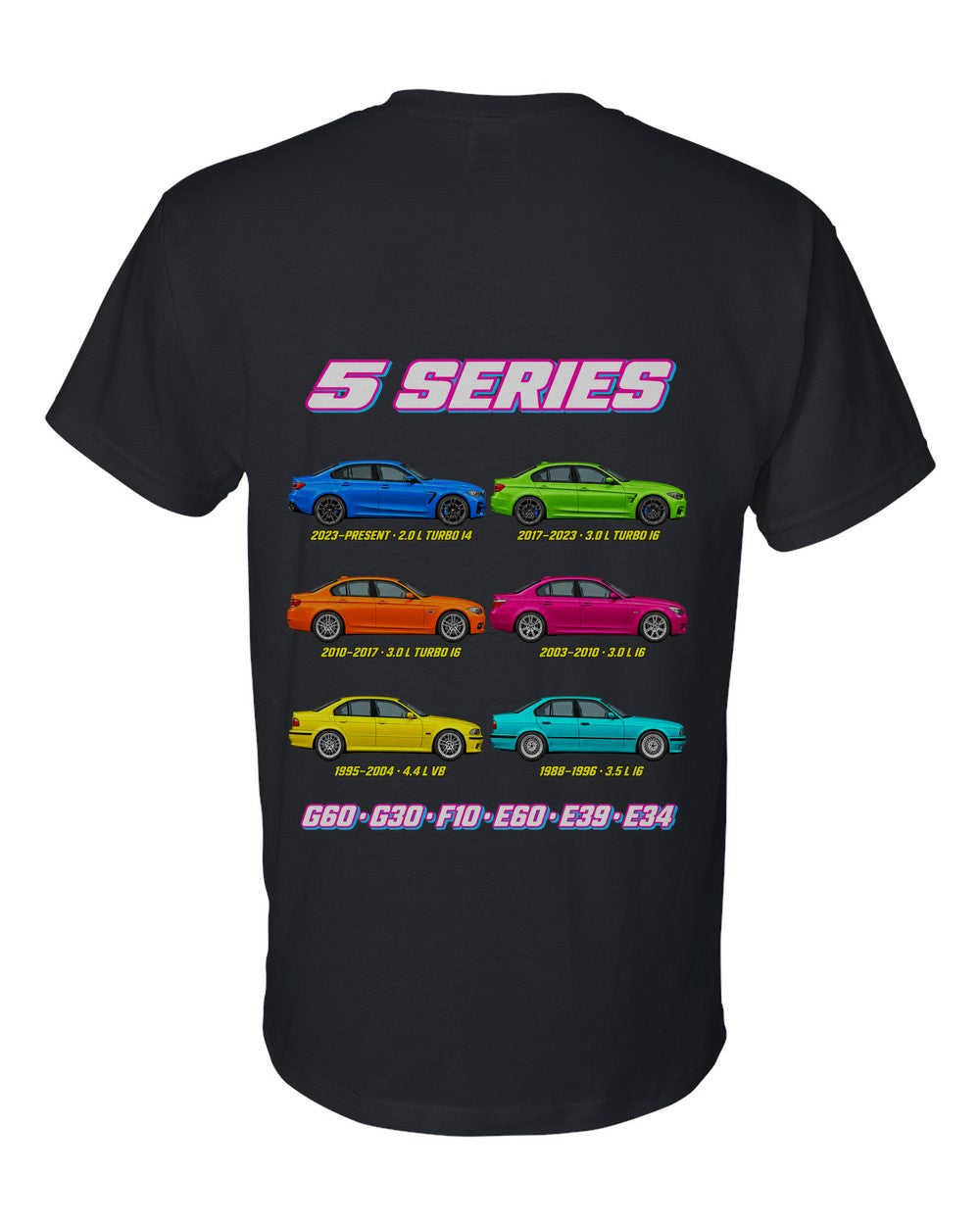 BMW 5 Series evolution poster black t-shirt back view with the design