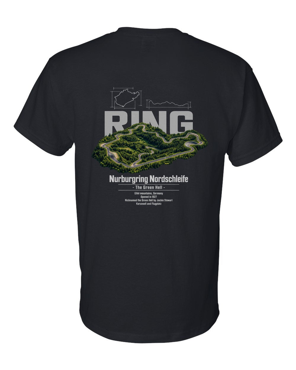 Nurburgring Nordschleife black t-shirt back view with the design