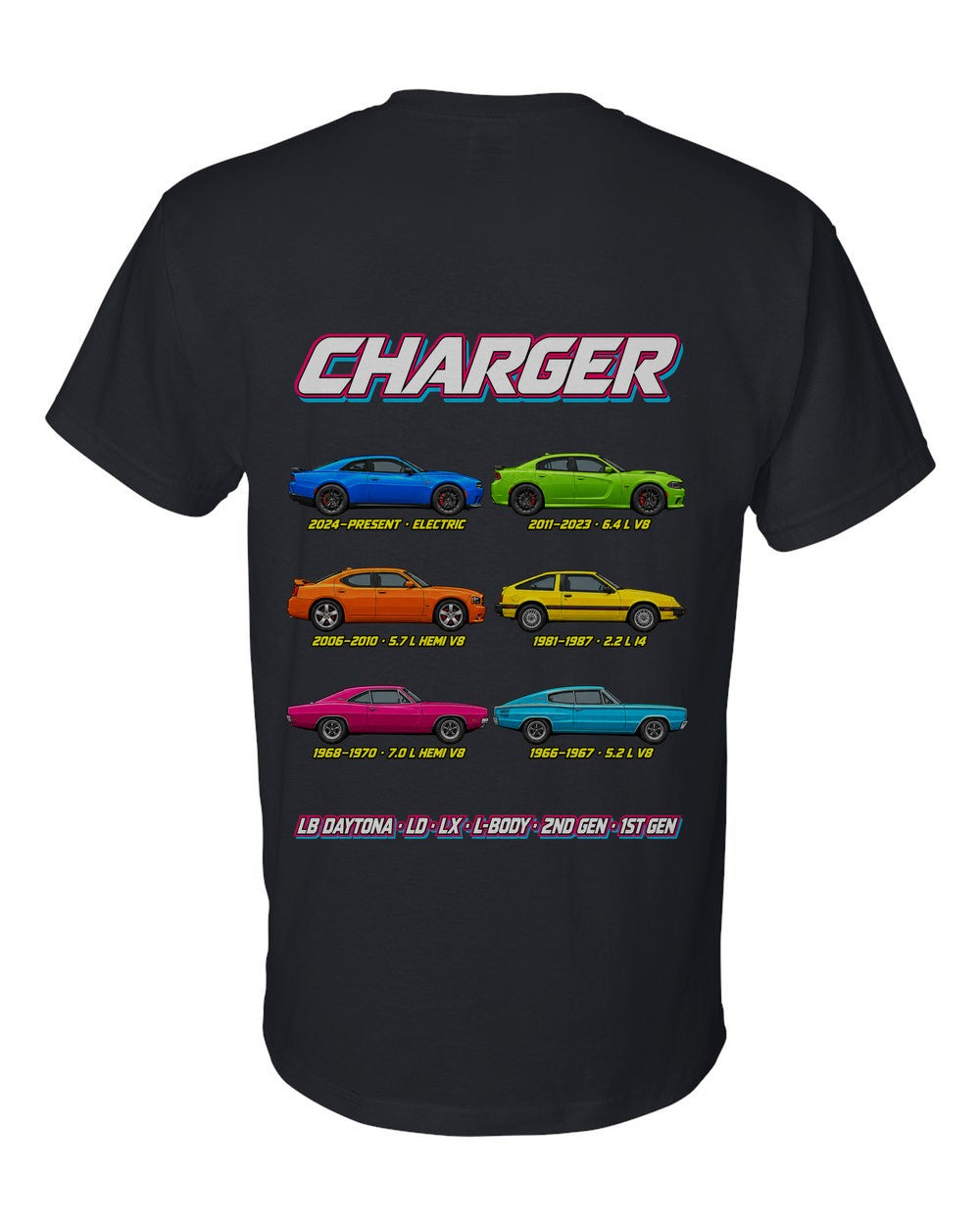 Dodge Charger evolution poster black t-shirt back view with the design