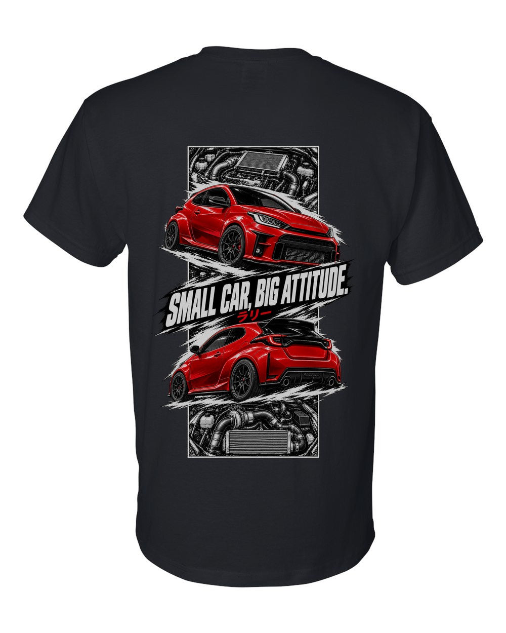 Toyota GR Yaris torn poster black t-shirt back view with the design
