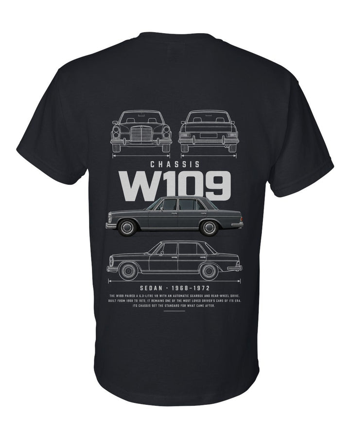 W109 full-back artwork black t-shirt back view with the design