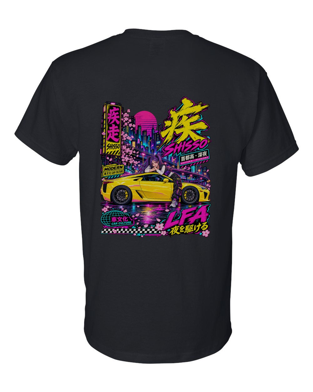 SHISSO LFA full-back artwork black t-shirt back view with the design