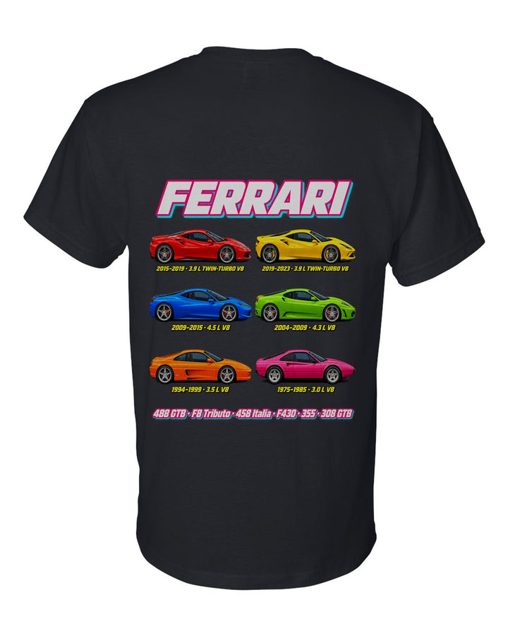 Ferrari V8 evolution poster black t-shirt back view with the design