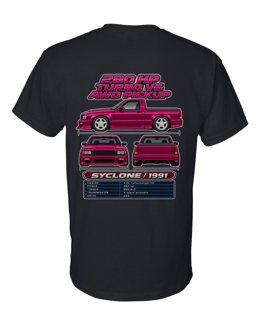 GMC Syclone spec sheet black t-shirt back view with the design