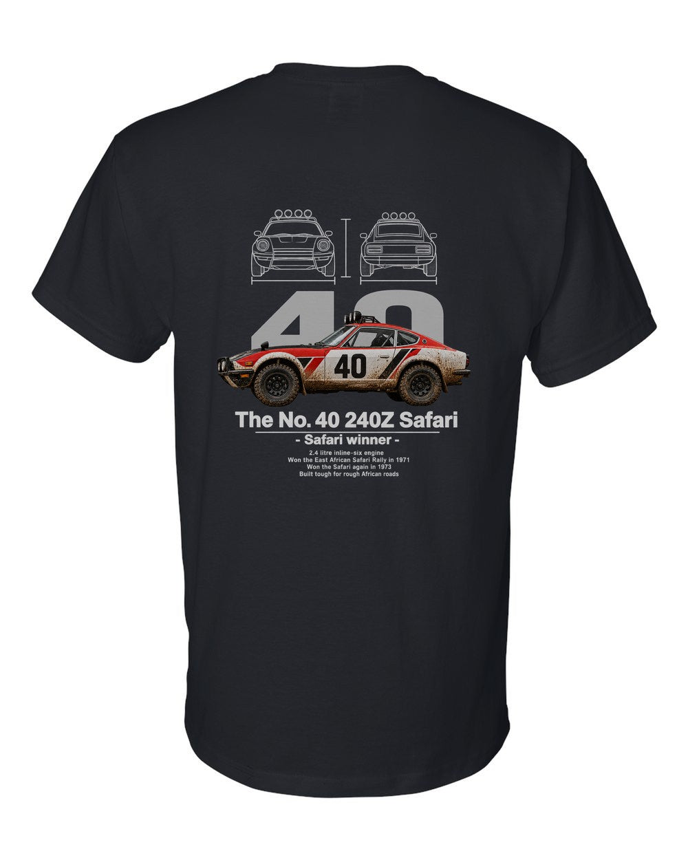 No. 40 240Z Safari black t-shirt back view with the design