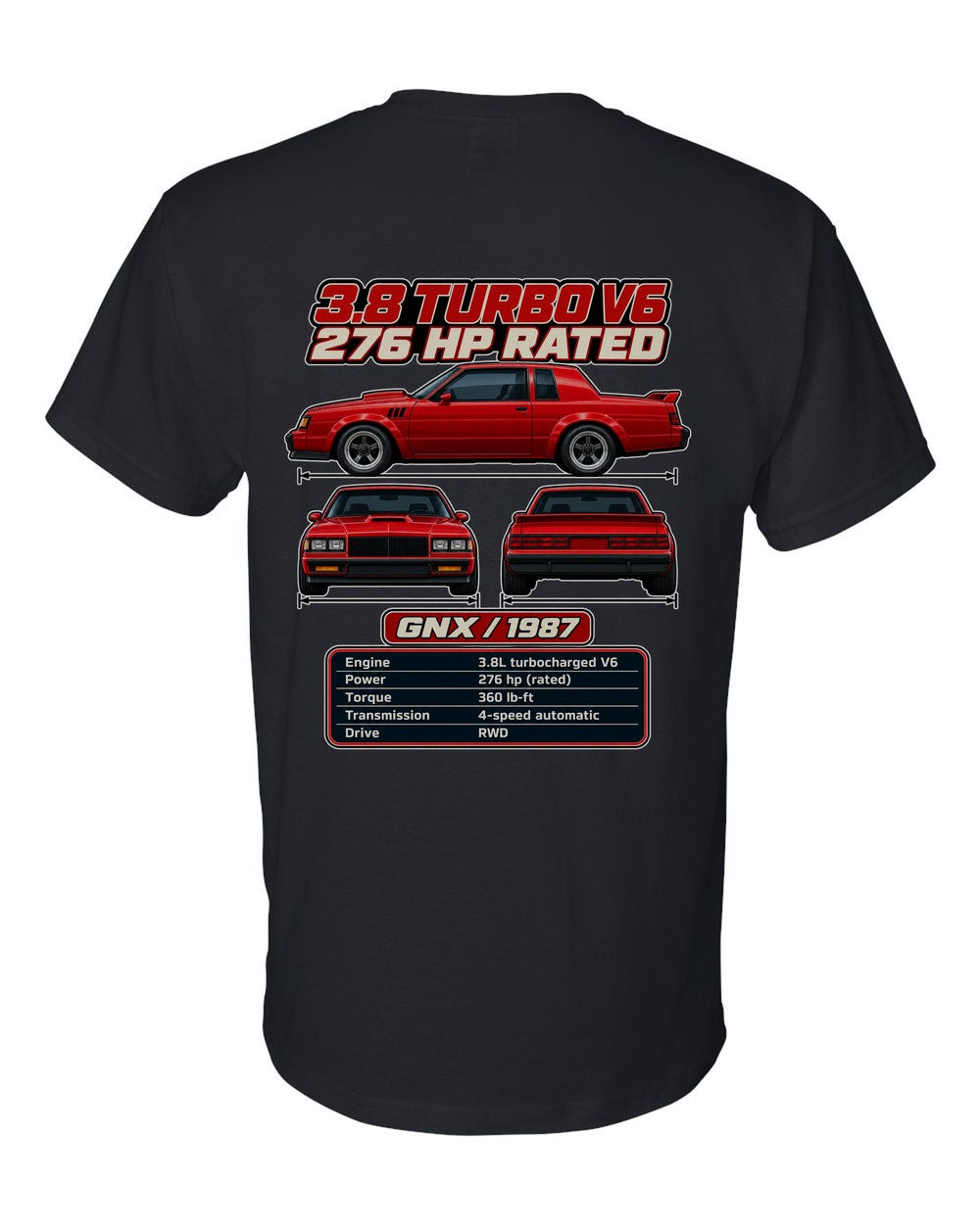 Buick Grand National Gnx spec sheet black t-shirt back view with the design