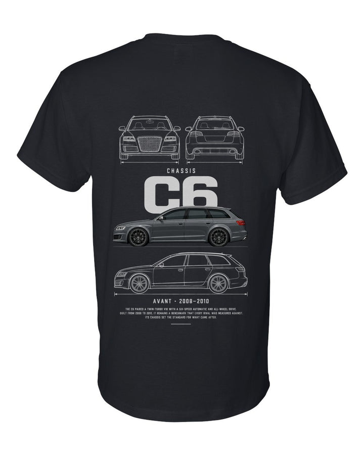 C6 full-back artwork black t-shirt back view with the design
