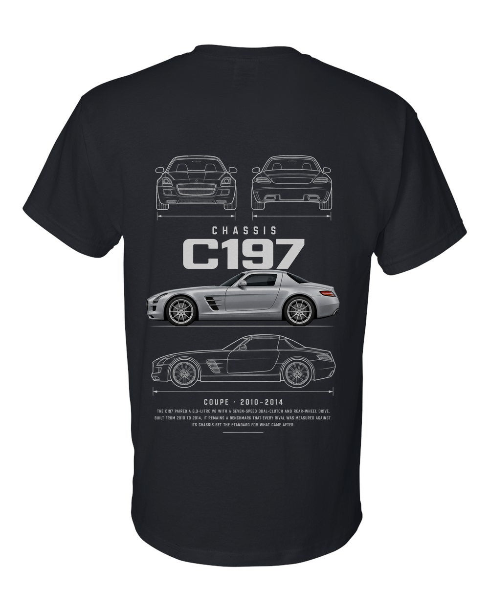 C197 full-back artwork black t-shirt back view with the design