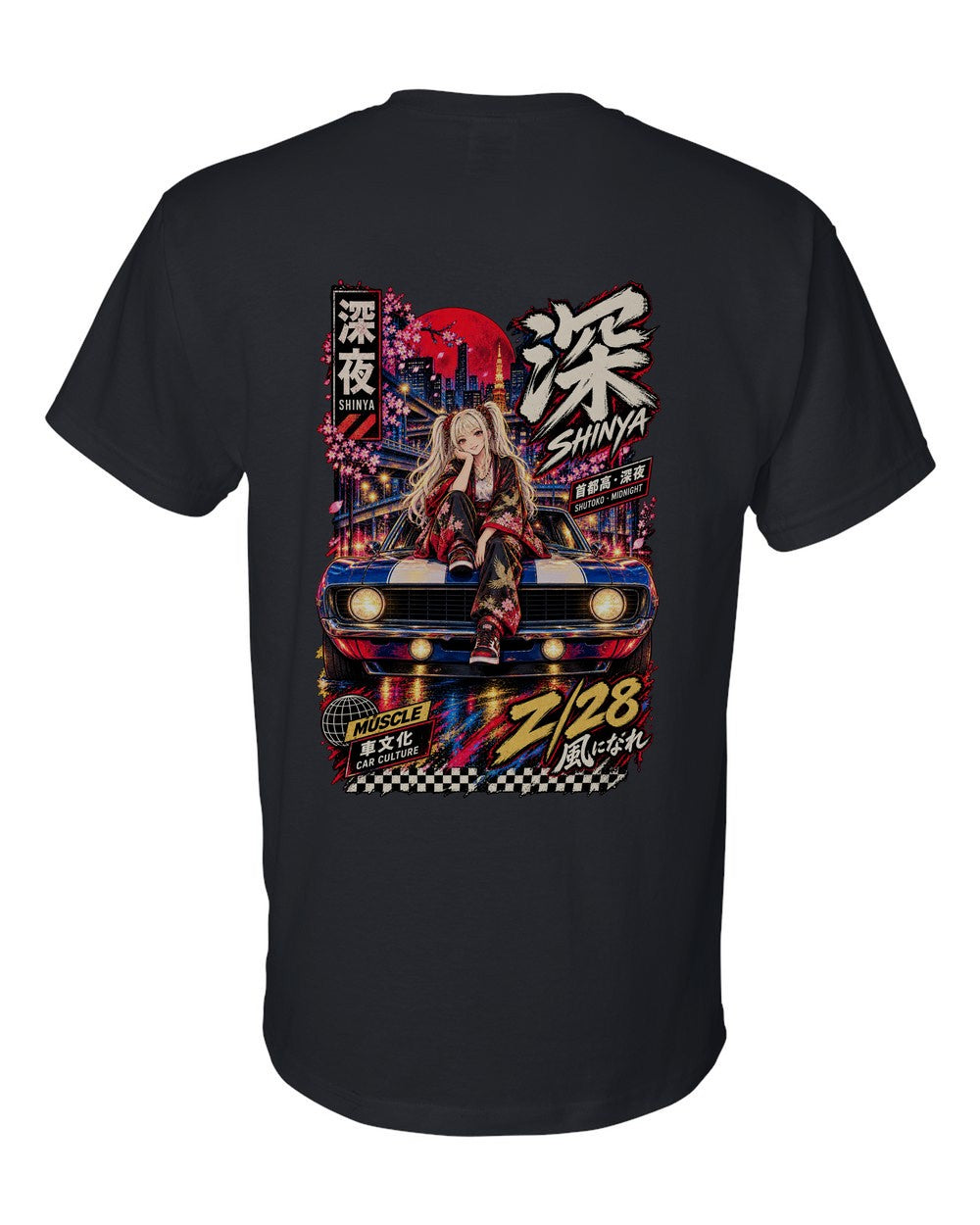 SHINYA Z/28 full-back artwork black t-shirt back view with the design