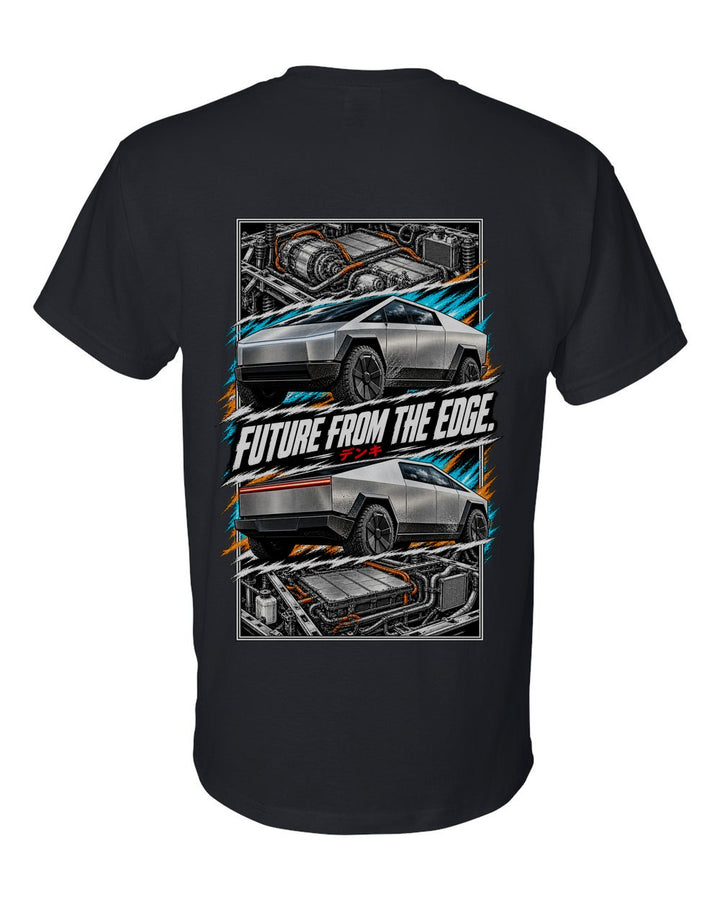 Tesla Cybertruck torn poster black t-shirt back view with the design