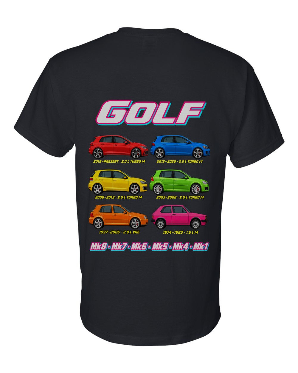 VW Golf evolution poster black t-shirt back view with the design