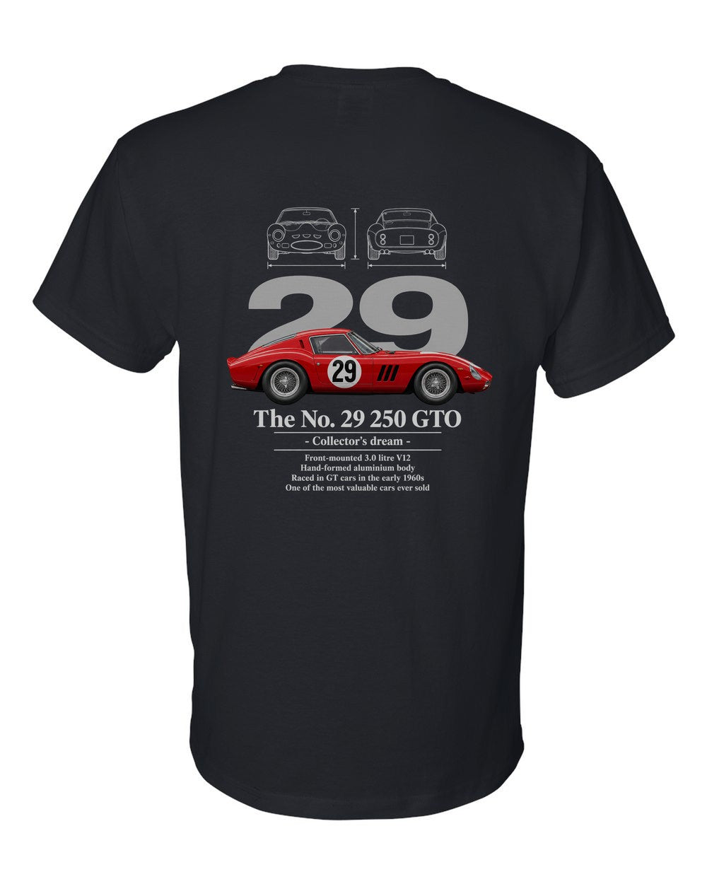 No. 29 250 GTO black t-shirt back view with the design