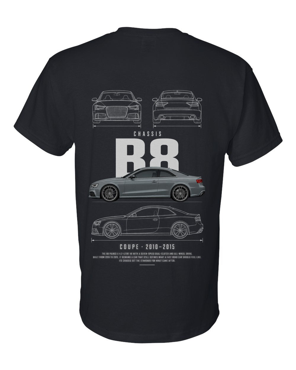 B8 full-back artwork black t-shirt back view with the design