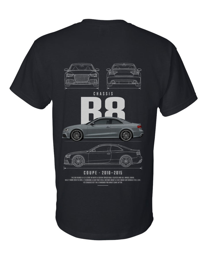 B8 full-back artwork black t-shirt back view with the design