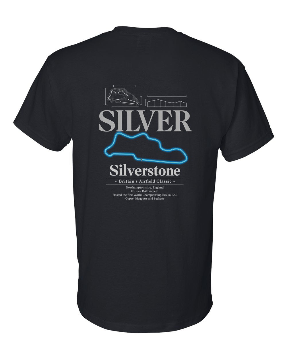 Silverstone black t-shirt back view with the design