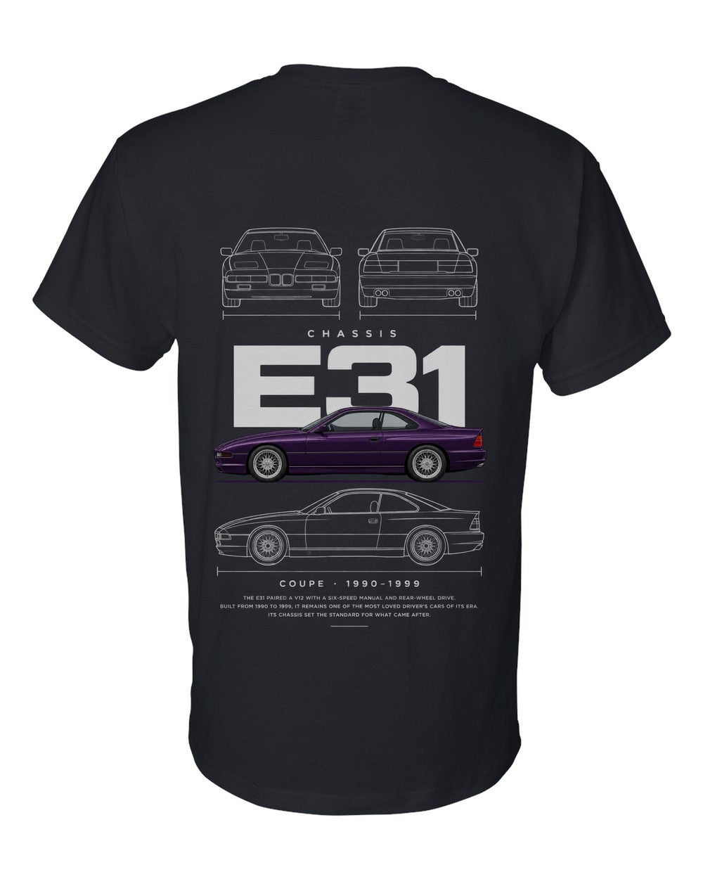 E31 full-back artwork black t-shirt back view with the design