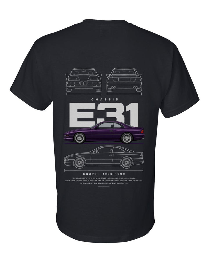 E31 full-back artwork black t-shirt back view with the design