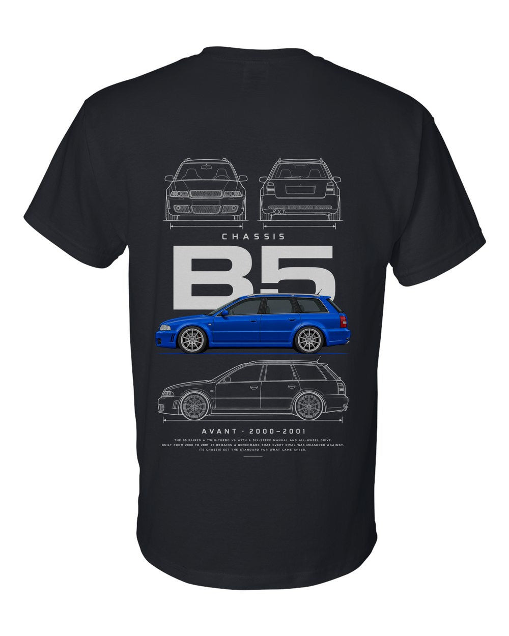 B5 full-back artwork black t-shirt back view with the design
