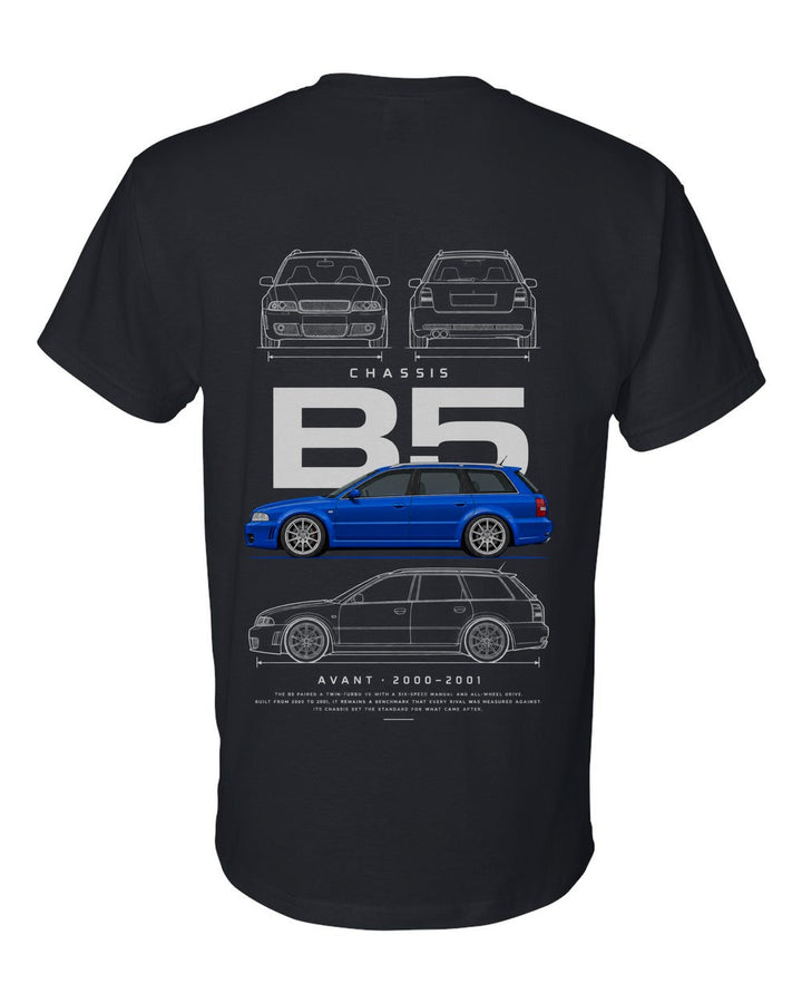 B5 full-back artwork black t-shirt back view with the design