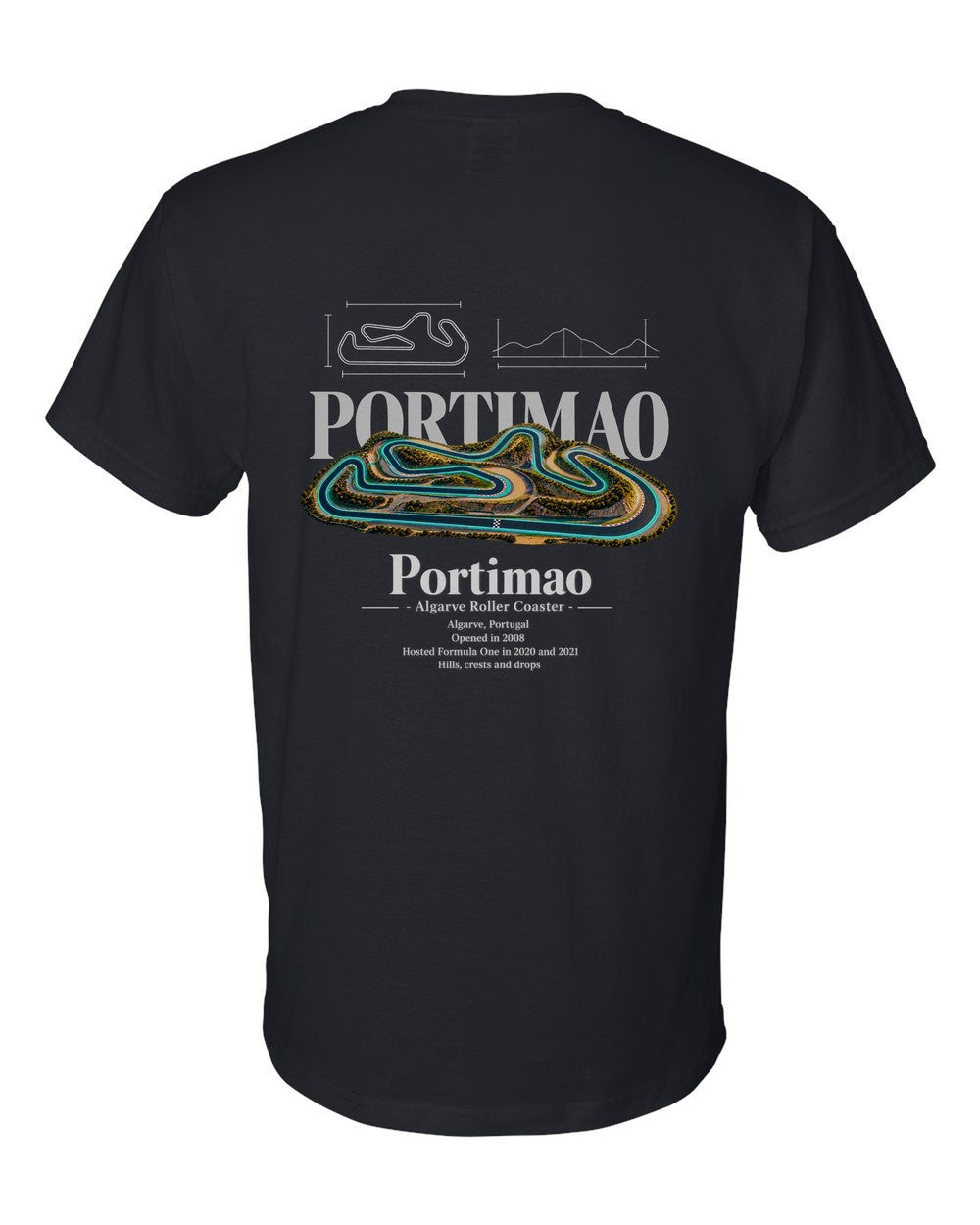 Portimao black t-shirt back view with the design