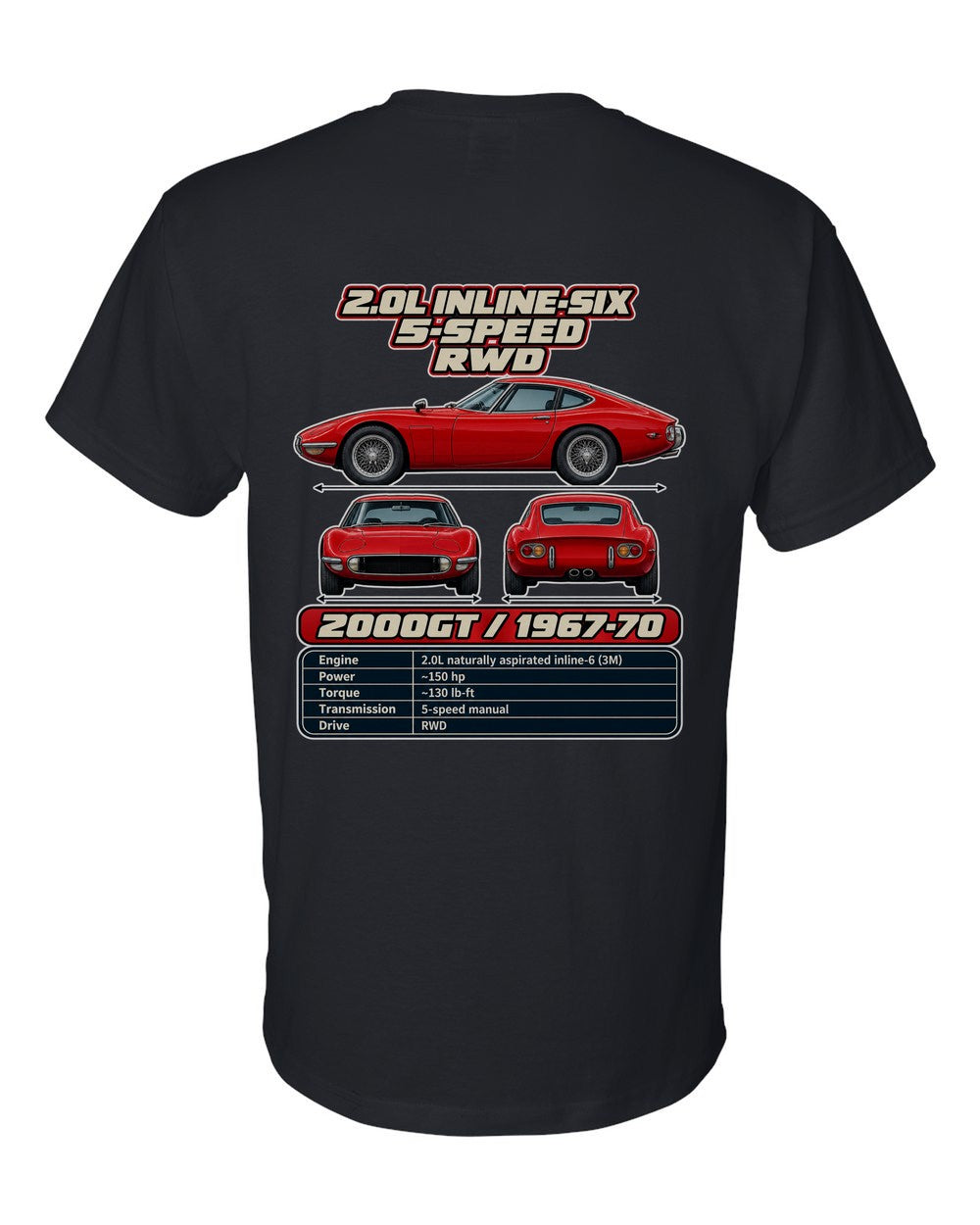 Toyota 2000Gt spec sheet black t-shirt back view with the design
