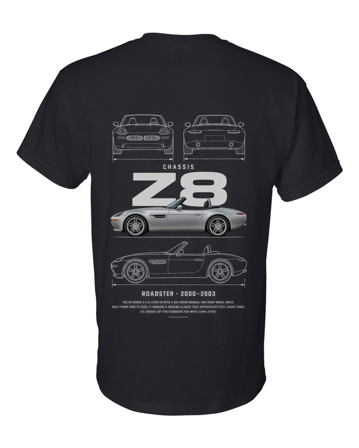 Z8 full-back artwork black t-shirt back view with the design